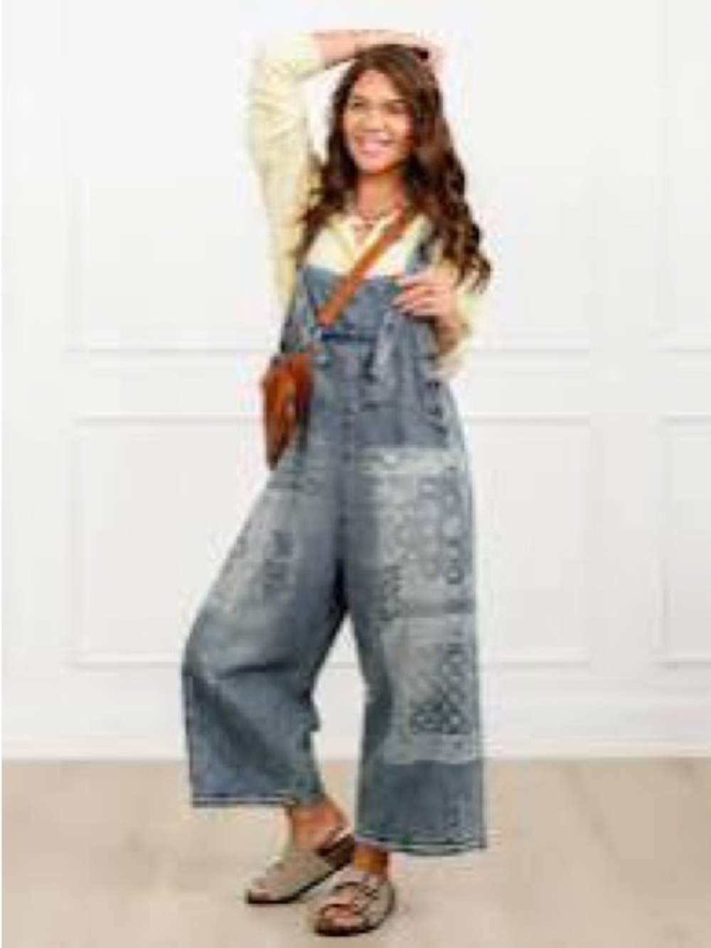 easel Blue Patchwork Wide-Leg Denim Overalls